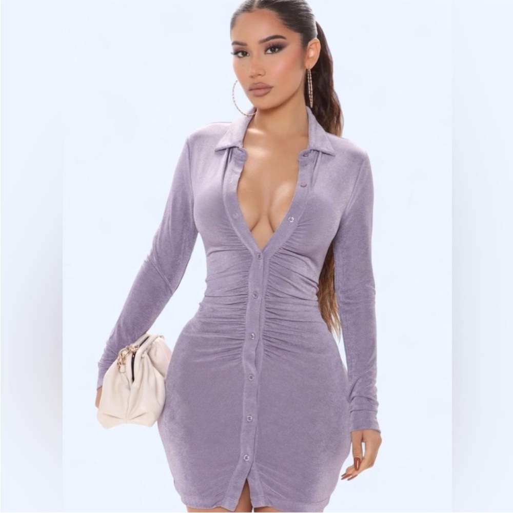 Fashion Nova Lavender Ruched Button-Front Long Sleeve Dress